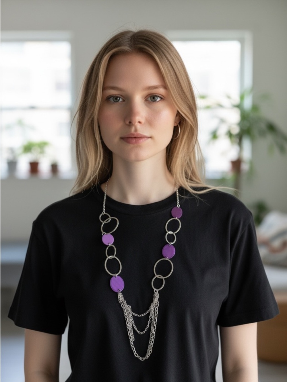 Silver Chain Necklace with Purple Accents - Women Jewelry Necklaces